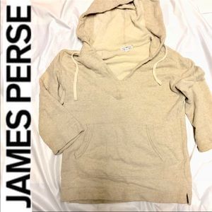 James Perse Cream Linen & Cotton 3/4 Sleeve Hoodie